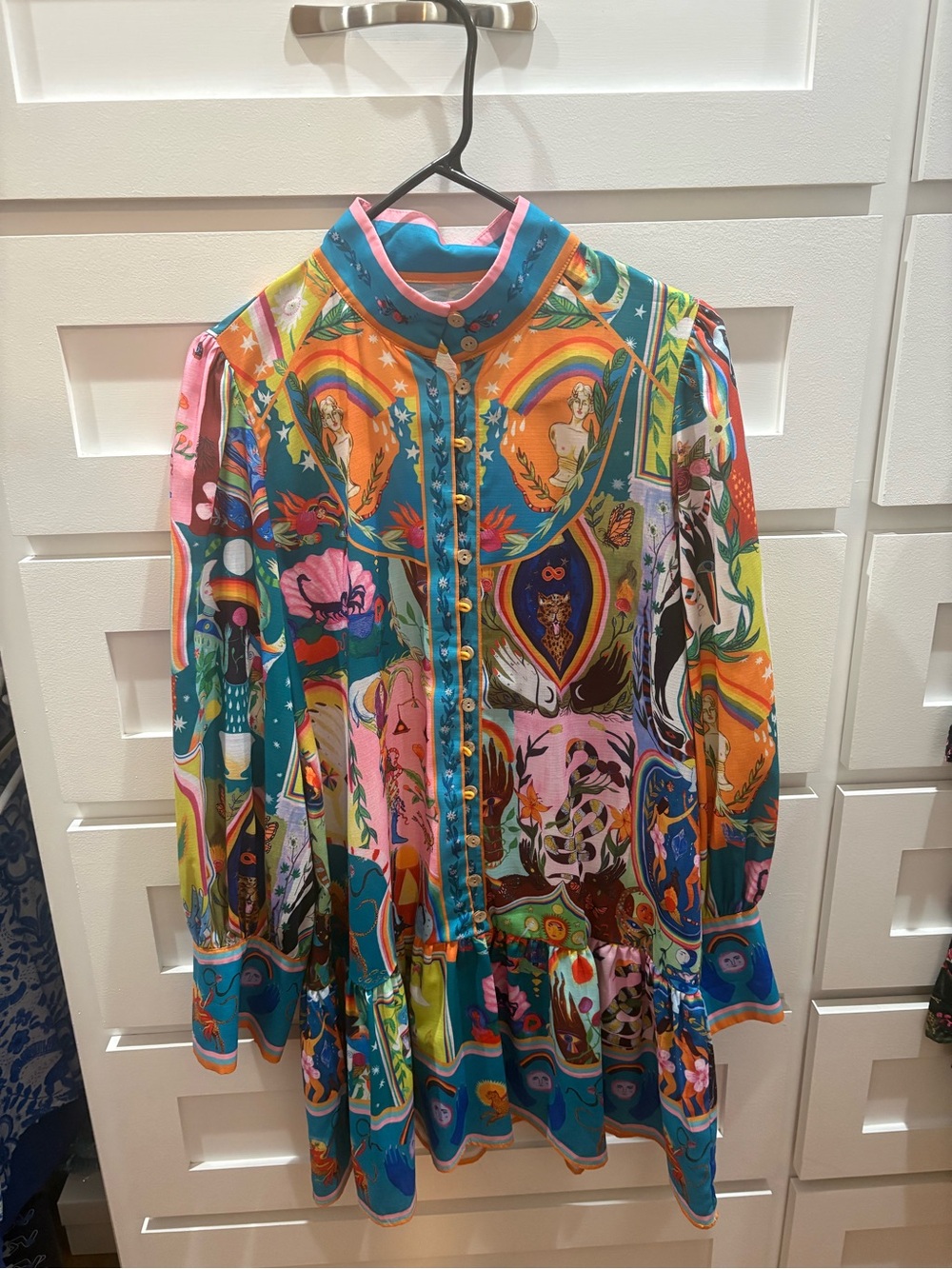 Colorful Printed Long Sleeve Mini Dress - Teal Multi